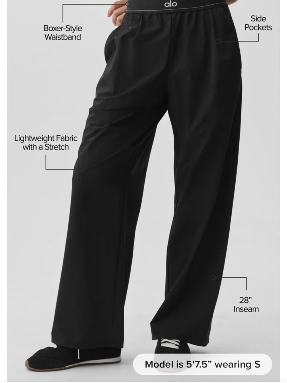ALO Yoga Black Wide-Leg Lounge Pants with Boxer-Style Waistband